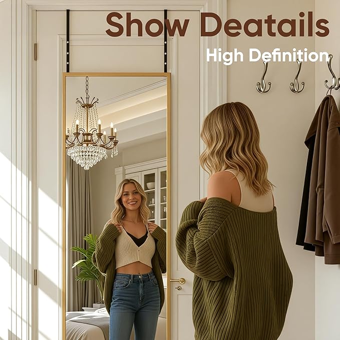 Antok 48''x 14'' Full Length Mirror Over Door, 4-in-1 Standing Leaning Wall Mounted, Adjustable Hanging Mirror for Bedroom Living Room, Gold, Rect Corner