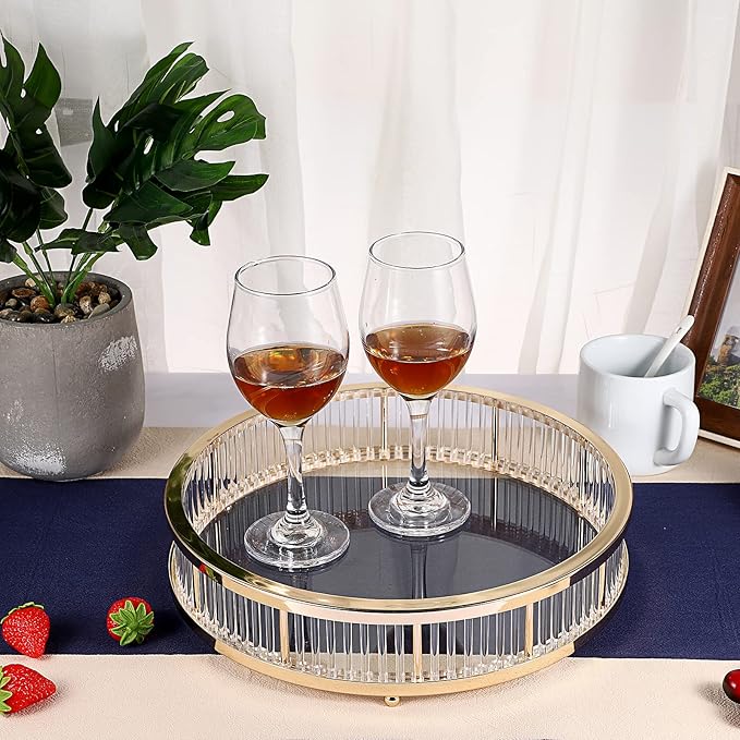 Hipiwe Gold Metal Perfume Tray - 12" Round Vanity Makeup Tray Jewelry Trinket Organizer Tray Coffee Table Decorative Tray Dresser Bathroom Tray with Acrylic Column Decor and Clear Glass Base