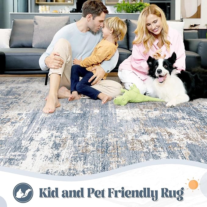 XLUEZ Round Rug 4ft for Bedroom, Washable Modern Abstract Circle Rug Neutral Soft Non Slip Kids Rug Stain Resistant Indoor Carpet for Living Room Nursery Playroom Dorm Girls Boys Room(Blue, 4' Round)