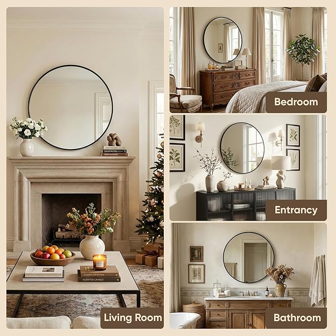 Antok 24 Inch Round Mirror for Wall, Round Bathroom Mirror, Circle Wall Mirrors with Black Metal Frame, Circle Mirrors Suitable for Wall, Bathroom, Vanity, Living Room, Entryway