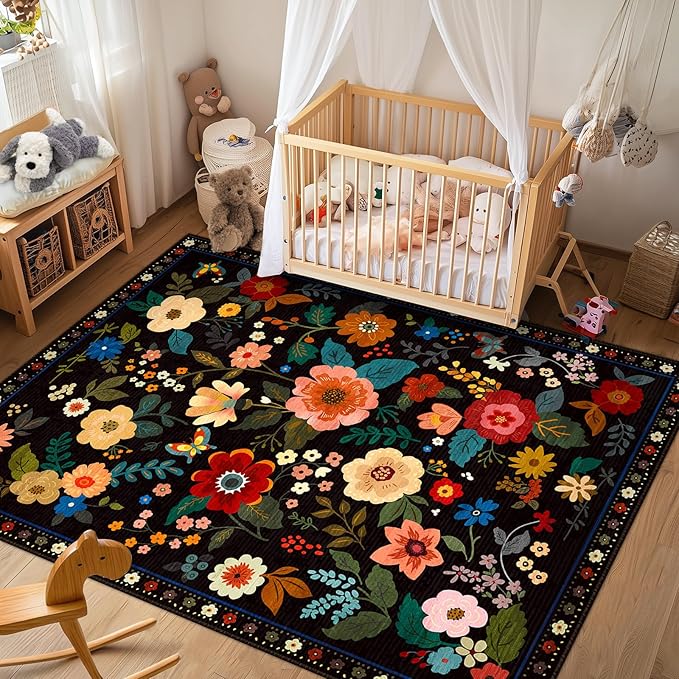 RELEANY Floral Nursery 5x8 Area Rugs Washable Print Boho Cute Carpet Non Slip Flower Low Pile for Living Room Kids Girls Playroom Bedroom Kitchen Office Farmhouse-Black