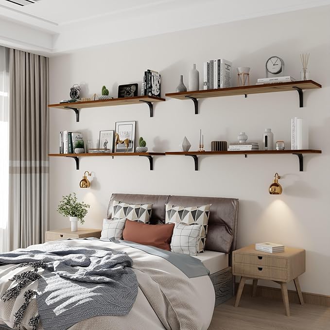 12 Inch Deep Floating Shelves Set of 4, 48 Inch Extra Wide Walnut Solid Wood Wall Shelves, 4ft Heavy Duty Farmhouse Wall Mounted Shelving for Kitchen, Living Room & Bedroom