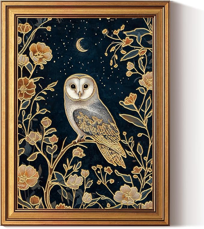InSimSea Gold Framed Canvas Prints Wall Art, 3D Embossed Vintage Decor, Owl in Enchanted Forest Aesthetic Paintings, Dark Cottagecore Wall Decor for Bedroom Living Room Bathroom Shelf, 12x16inch