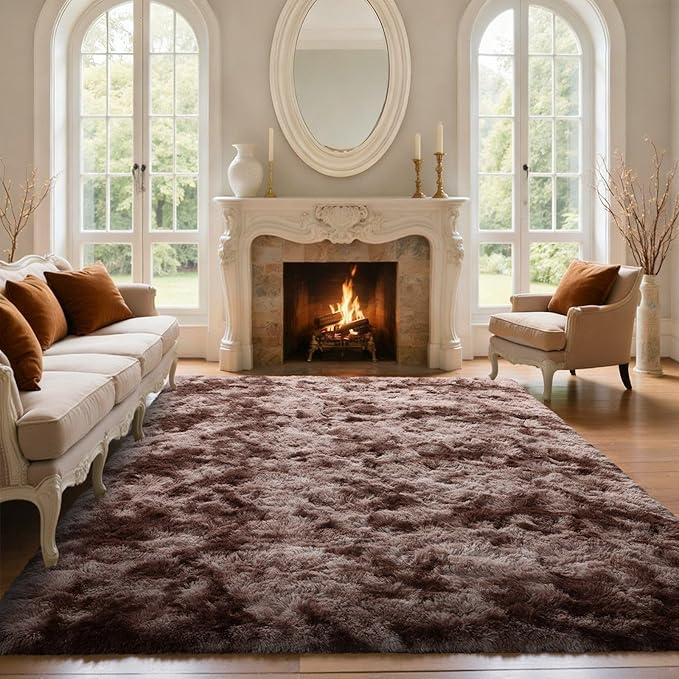 5x7 Brown Rugs for Living Room Fluffy Fur Bedroom Area Rug,Rustic Plush Non-Slip Dark Carpet for Book Room Office,Coffee Stain Resistant