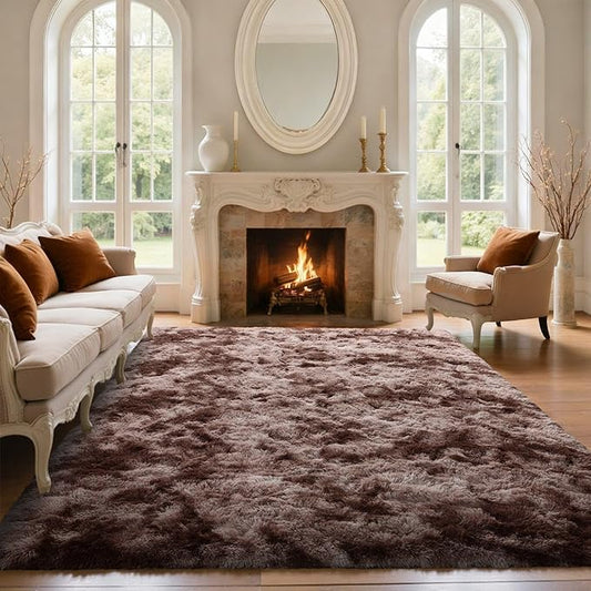 5x7 Brown Rugs for Living Room Fluffy Fur Bedroom Area Rug,Rustic Plush Non-Slip Dark Carpet for Book Room Office,Coffee Stain Resistant