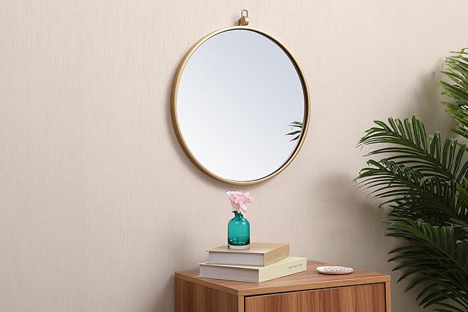 Brilliance, Metal Frame Round Mirror with Decorative Hook 18 Inch in, Midcentury Modern, Brass