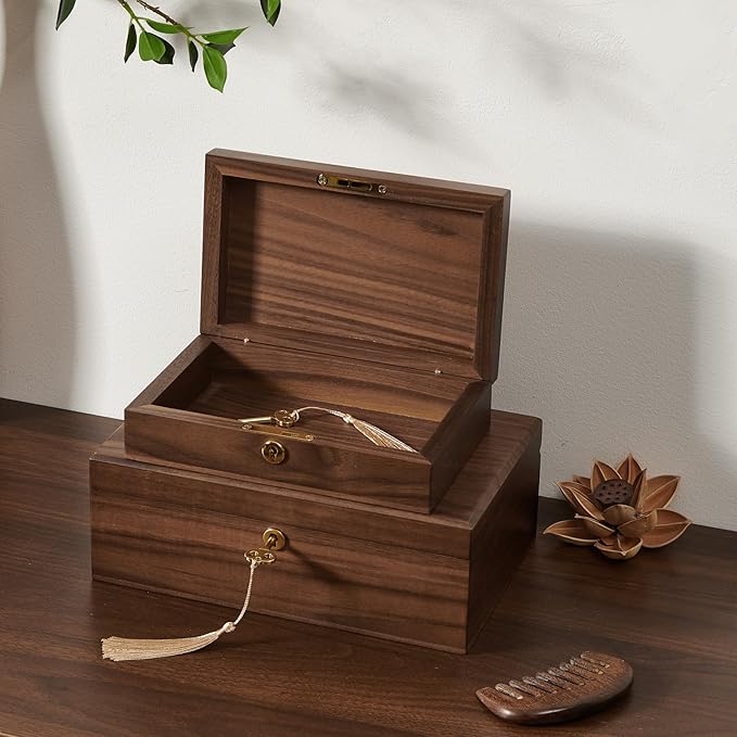Walnut Storage Boxes with Locking Lid Set of 2 Decorative Solid Wood Storage Baskets Lockable Vintage Wooden Memory Box Chests for Keepsakes Photos Jewelry Desktop Organizer Container