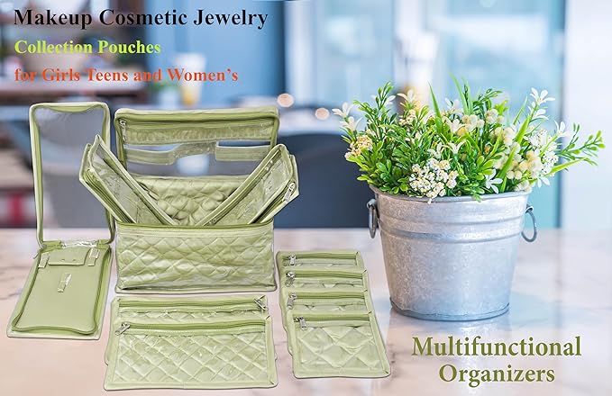 atorakushon Satin Transparent Makeup Pouches Case Cosmetic Necklace Earrings Jewellery Box Travel Organizer For Women Olive Green Set of 10