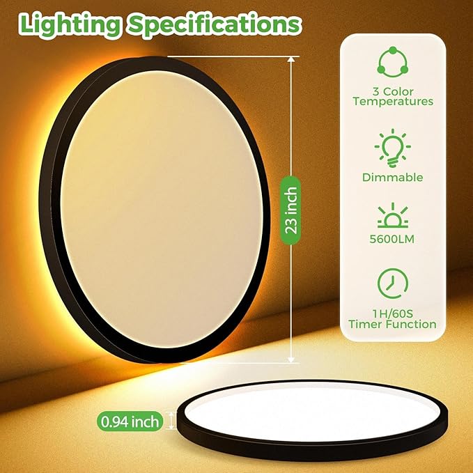 zemty 23 Inch LED Ceiling Light with Night Light 1800K, 50W 5000lm 3000K/4000K/6500K Dimmable Light Fixtures with Remote Control, Low Profile Ceiling Lamp for Bedroom LivingRoom Bathroom Kitchen-Black