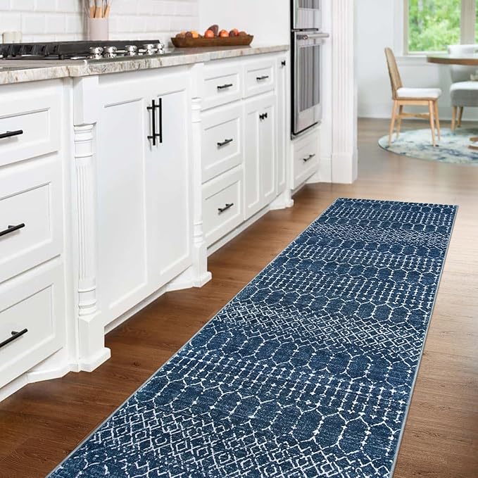 Lahome Moroccan Washable Kitchen Runner 2x8 Carpet Runners for Hallway 8Ft Low-Profile Non-Slip, Indoor Geometric Print Distressed Rug for Entryway Laundry Room Foyer Hana, Blue