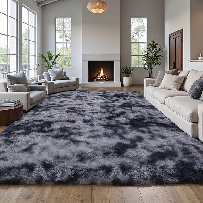 Grey Fluffy 9x12 Large Area Rugs for Bedroom Living Room,Tie-Dye Dark Gray Soft Washable Shag Carpet for Kids Room, Nursery, Dorm Decor, Colorful Cute Plush Fuzzy Rugs for Baby Toddler