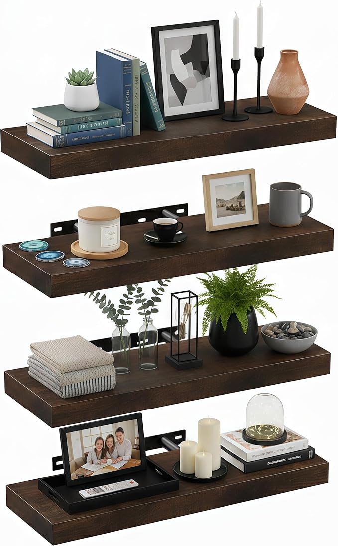 Lufia Floating Wall Shelves, Set of 4, MDF with Invisible Brackets, Modern Storage for Bedroom, Bathroom, Living Room, Kitchen (Rustic Brown, 15.8" W x 5.5" D x 1.2" H)