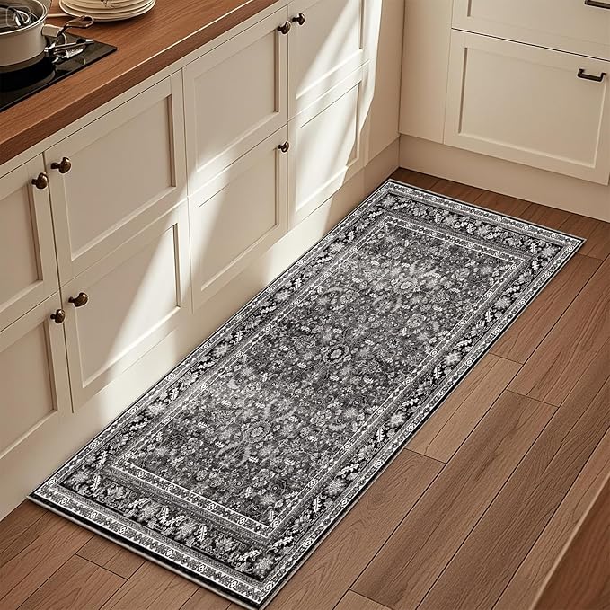 OPPODREAM Vintage Black 2x6 Runner Rug, 2 x 6 Retro Washable Rug Non Slip, Low-Pile Faux Wool Carpet, Distressed Floor Mat for Kitchen, Hallway, Entry-Way, Entrance, Indoor Back Door