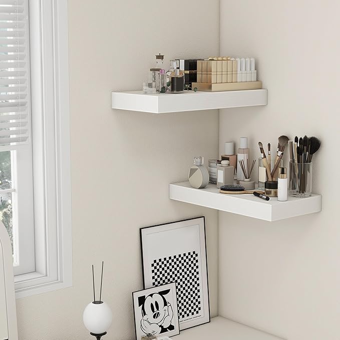 FLYJOE Deep Floating Shelves | 24 Inch White Floating Shelves Set of 2 | 12 Inch Deep Rustic Wood Shelves for Wall | 24" W x 12" D White Shelves for Living Room Bathroom Laundry Room Kitchen