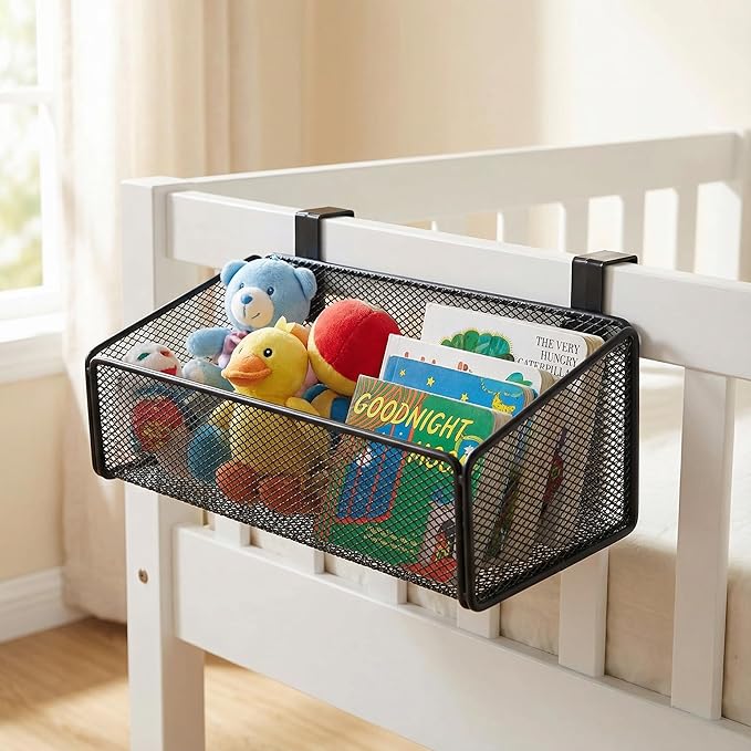 JDYOOMI Bedside Caddy Shelf Hanging Storage Basket for Bunk Bed and Office Cubical Walls,Baby Bed Rails,College Dorm Bed Organizer - 5 Pairs Sized Hooks-for Phone Glass Magazine Decor (White)