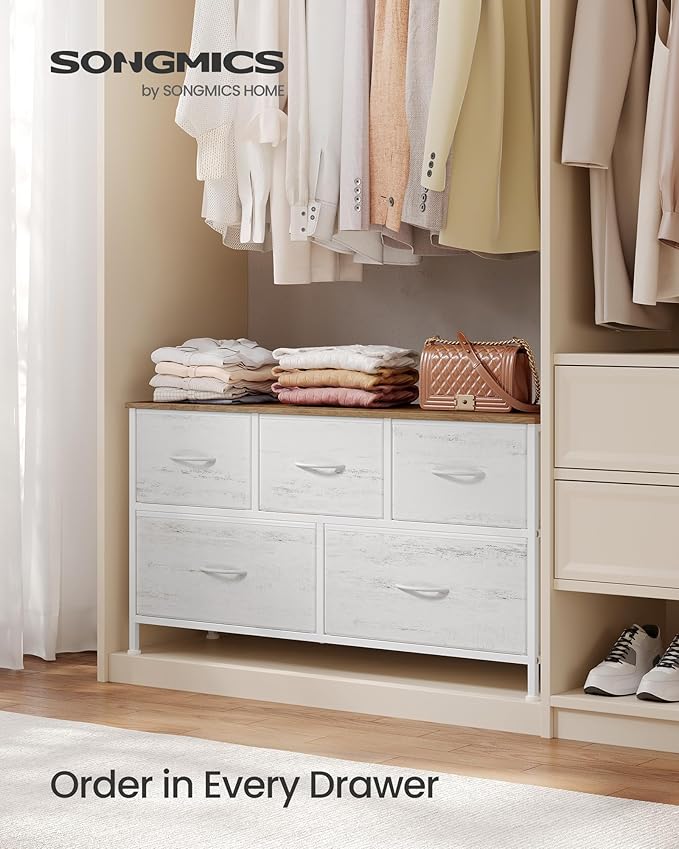 SONGMICS BELLAH Collection - Dresser for Bedroom, Chest of Drawers, Storage Organizer Unit, Closet, Entryway, Steel, 5 Drawers, Farmhouse, Rustic White and Honey Brown ULGS322WJ02S