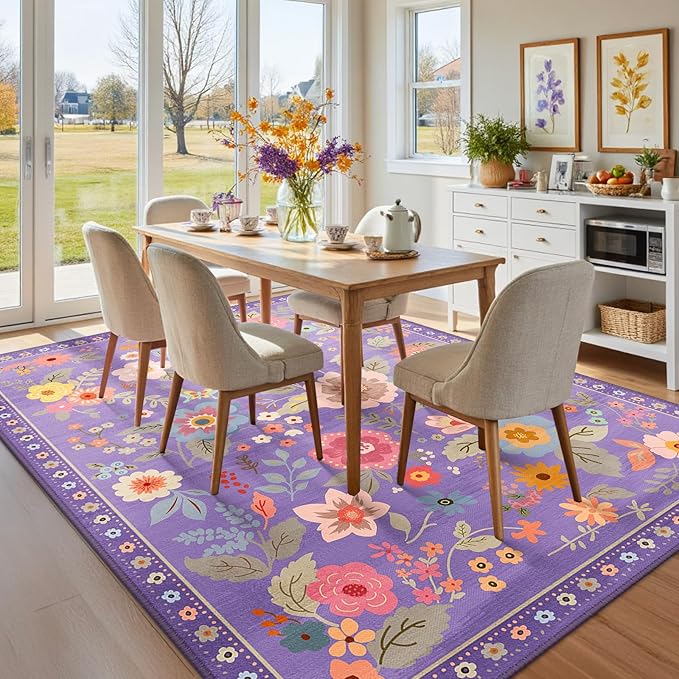 RELEANY Floral Nursery 8x10 Area Rugs Washable Print Boho Cute Carpet Non Slip Flower Low Pile for Living Room Kids Girls Playroom Bedroom Kitchen Office Farmhouse-Purple/Pink/Multi