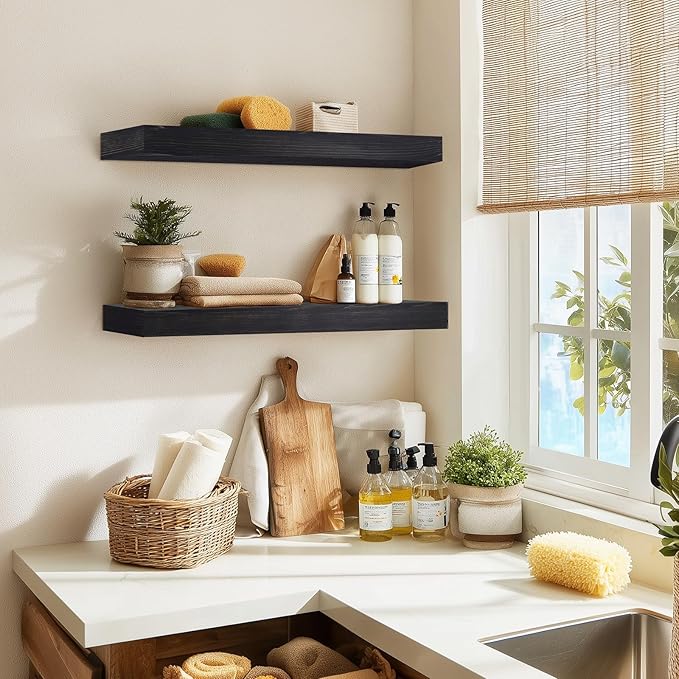 24x6.8x2 Inch Rustic Floating Shelves for Wall Set of 2 - Black Solid Wood Wall Mounted Shelves with Invisible Bracket, Extended Design for Farmhouse Living Room Bedroom Kitchen Decor