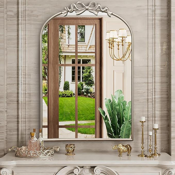Besdomus Vintage Arched Wall Mirror: 24"x36" Large Champagne Silver Antique Bow Wall Mounted Mirror - Baroque Traditional Ornate for Entryway/Fireplace/Bathroom/Hallway - Wall Decor for Housewife