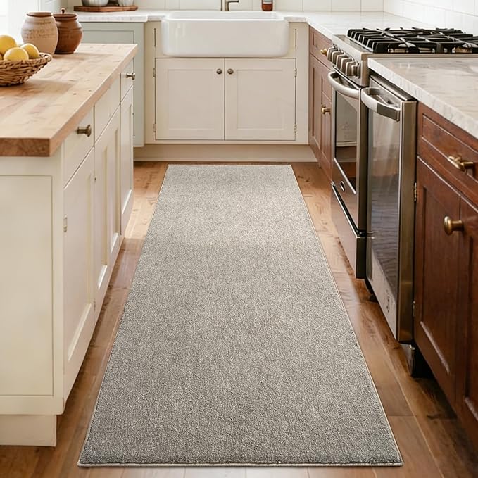 FinRèc 2x6 Washable Runner Rugs for Kitchen Hallway Bedroom, Low Pile Thin Rug Solid Color, Non-Slip Carpet Indoor for Home Decor (Greige/White)