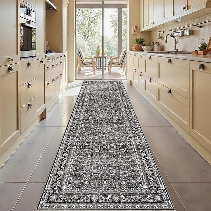 OPPODREAM Vintage Black 3x10 Runner Rug, 3 x 10 Retro Washable Rug Non Slip, Low-Pile Faux Wool Carpet, Distressed Floor Mat for Kitchen, Hallway, Entry-Way, Entrance, Indoor Back Door