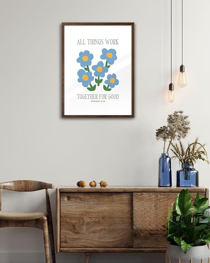 EcoHest Walnut Color OAK Wood God Framed Wall Art, 12x16in Romans 8:28 All Things Work Bible Verse Christian Wall Art, Modern Blue Flower Bedroom Decor For Living Room Bathroom Christian Gift 1Pack