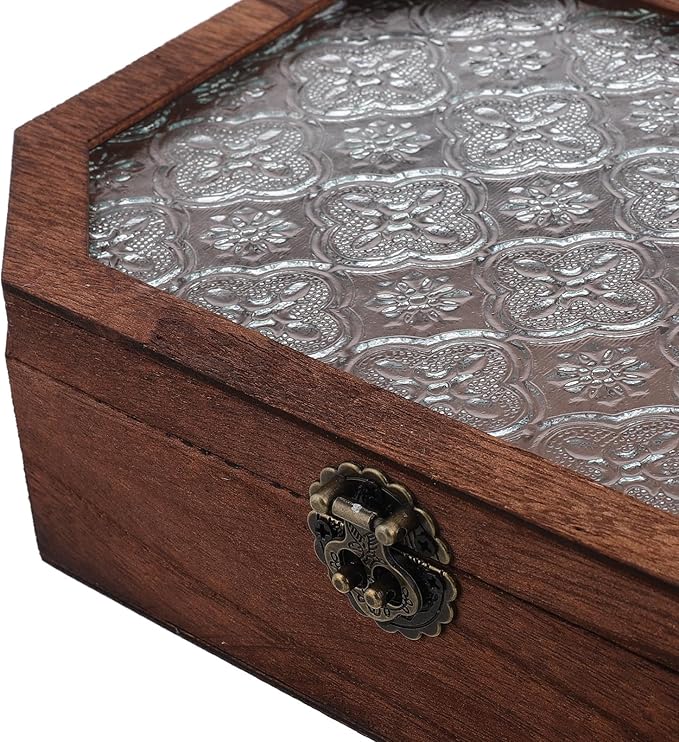 GARVALON Vintage Wooden Jewelry Box Small Octagonal Makeup Organizer with Hinged Lid Decorative Vanity Desk Storage for Home Keepsake and Jewelry Storage