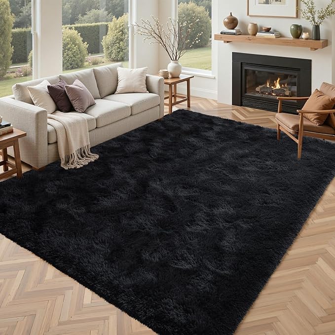 Black Rugs for Living Room Fluffy 5x8 ft Bedroom Rug Non-Slip Area Rugs Shag Carpet for Nursery Kids PlayRoom Dorm Office Indoor Modern Plush Carpets Boys