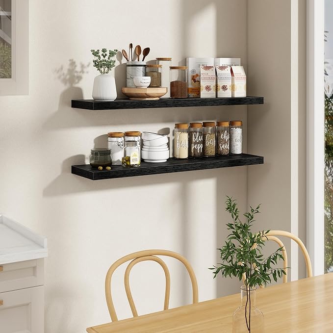 Fun Memories 48 Inch Floating Shelves in Black, 9.3 Inch Deep Wall Shelves for Bathroom, Living Room, Bedroom, Kitchen, Deep Long Shelf Wall Mounted 1 Pack Shelf for Books, Decor