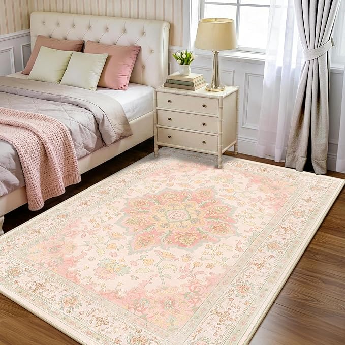 CAPALOCA Machine Washable Rugs Nursery Rug 6x9 Cute Girl Non Slip Low Pile Water Repellent Soft Print Pattern for Bedroom Indoor Decor Kids Playroom Pink Green