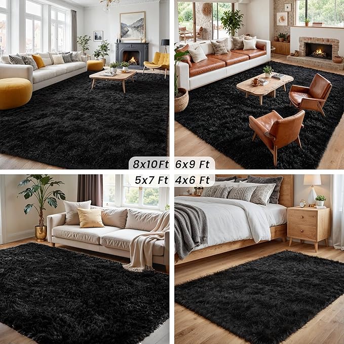 2x6 Bedside Area Rugs for Bedroom: Soft Fluffy Shag Black Rug for Hallway, Non-Slip Fuzzy Plush Living Room Rug Indoor Floor Carpet for Kids Rooms, Dorm, Nursery, Modern Home Aesthetic Decor