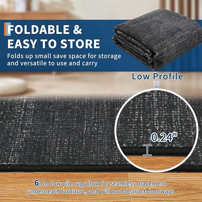 9x12 Area Rugs for Living Room Washable Solid Large Bedroom Rugs Non Slip Soft Modern Abstract Dining Room Throw Carpet Minimalist Classic Plain Area Rug for Nursery Kitchen Home Office, Black 9'x12'