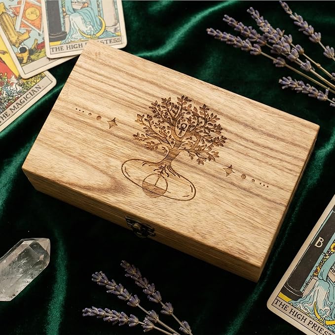 Trinket Box with Lock- Hand-Engraved Tree of Life Keepsake Box, 7.8" Vintage Wood Storage Box Jewelry Box for Crystals, Jewelry, Watches & Photos - Decorative Small Memory Chest for Women & Girls