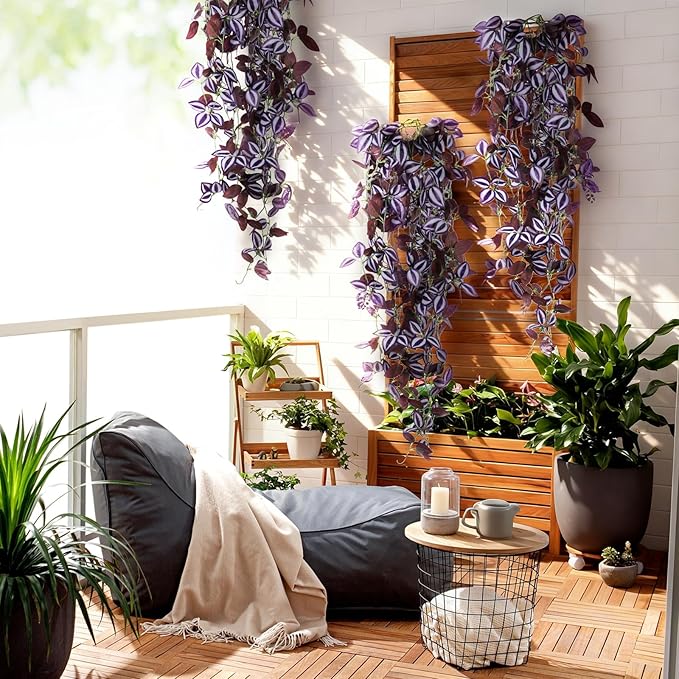 2-Pack Fake Hanging Plants, Faux Hanging Plant Artificial Greenery for Living Room Bedroom Boho Wall Shelf Indoor Outdoor Decor (Purple-Eyed Hairy Leaf)