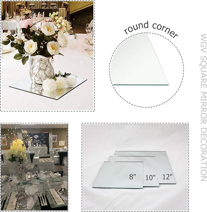 WGVI WGV Square Mirror Plate Sets Bulk 10" Width, 4 mm Thickness, Frameless Sanded Edges, Quality Thick Candle Tray, Home Event Party Wedding Table Centerpiece Wall Decor, 12 Pieces