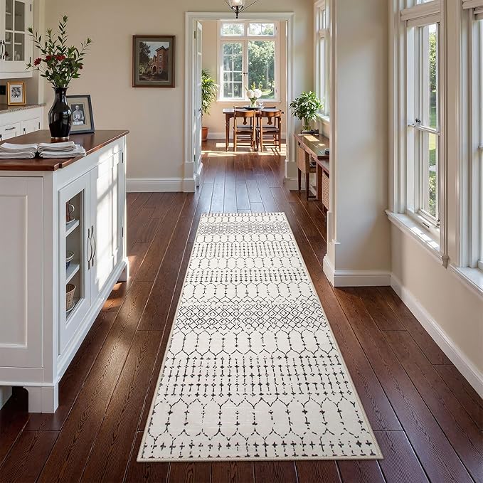 Lahome Moroccan Runners for Hallways 2x8 Beige Washable Runner Rug Non-Slip Stain Resistant Kitchen Rug Runner, Geometric Print Distressed Soft Untra- Thin Floor Carpet for Bedroom Entryway Hana