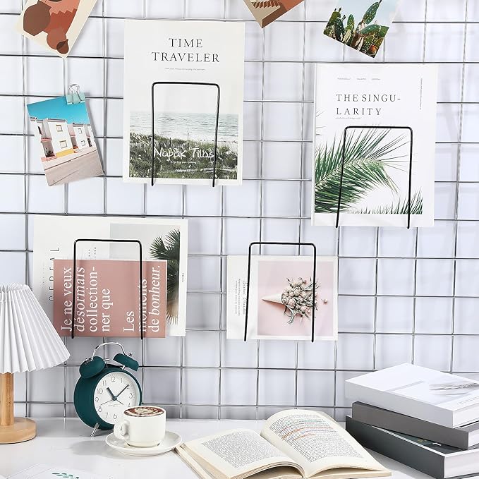 MorningRo 4 Pack Wall Grid Panel Accessories Gridwall Shelf Metal Wire Magazine Holder Literature Display Book Mail Card File Organizer Bookshelf Hooks for Exhibition Trade Show Office Retail (Black)