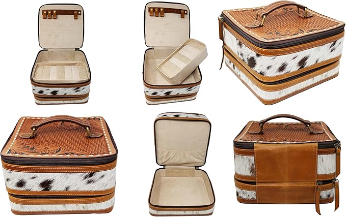 CHALLENGER Women's Western Handcrafted Deluxe Floral Tooled Cowhide Dual Jewelry Cosmetic Organizer Travel Case Box 18RSJ06
