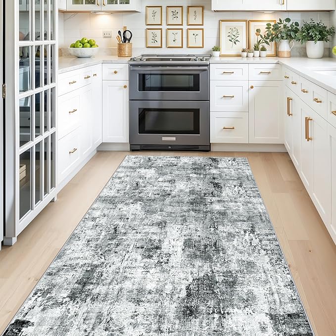 4x8 Washable Area Rug – Non-Slip Rubber Backed Indoor Rug for Entryway, Kitchen, Hallway | Modern Abstract Neutral Low Pile Thin Floor Mat for Bedroom, Living Room, Office（Grey）