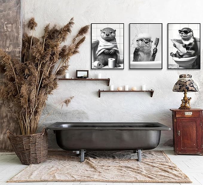 3Pcs Cute Otter Canvas Wall Art Black And White Animal Poster Print Funny otter bathing and reading newspaper Picture Painting Wall Decor for Bathroom Restroom Home Decoration Unframed