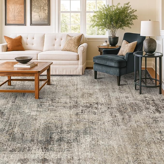 Hazo Haus Taupe Farmhouse 6x8 Area Rug for Bedroom & Living Room, Washable Rug for Dining Room Under Table, Soft Low Pile Boho Indoor Décor, Fade & Stain Resistant