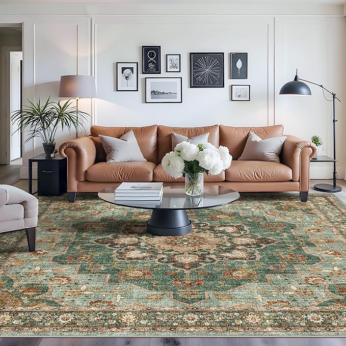 TOPRUUG Washable Oriental Area Rug - Green 10x10 Area Rugs for Living Room Bedroom Dining Room Under Kitchen Table - Non-Slip & Stain Resistance Rug for High Traffic Area (Green, 10x10)