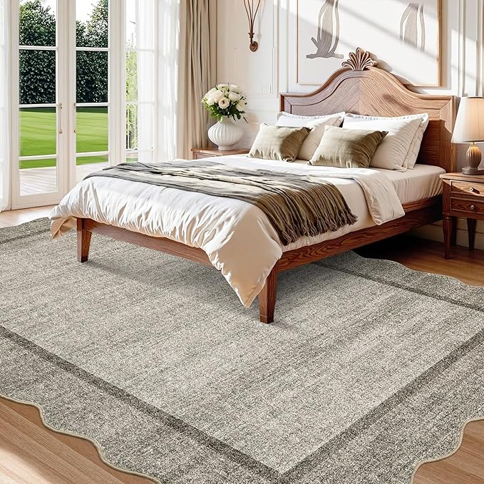 GarveeHome Scalloped Washable Rug 8x10 Rugs for Living Room Modern Bedroom Rug Large Area Rug Non Slip Throw Rugs Soft Low Pile Stain Resistant Carpet for Nursery Classroom Dining Room 8'x10' Brown