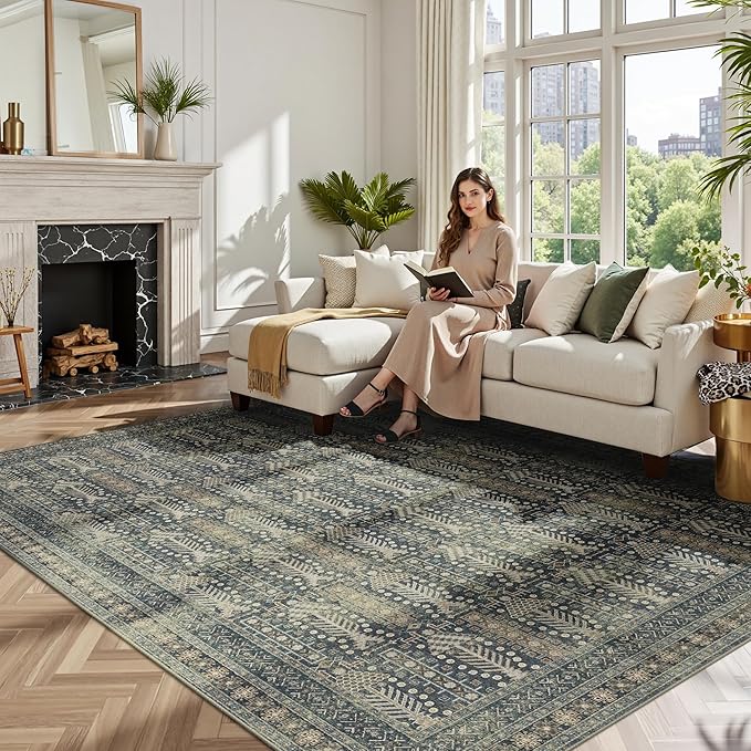 Rugxara 5x7 Washable Area Rugs for Bedroom & Living Room - Floral Boho Vintage Rug,Soft & Non-Slip,Low Pile Wool Carpet for Indoor Dining Room,Girls Room,Nursery Room and Kids Room(Ivory Blue)