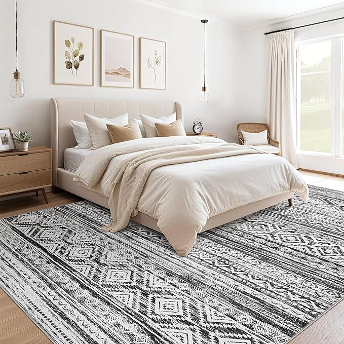 cotiled 10x14 Area Rug Living Room: Washable Boho Rugs with Non Slip Backing Large Soft Indoor Stain Resistant Carpet for Bedroom Farmhouse Dining Room Lightweight Home Decor White/Black