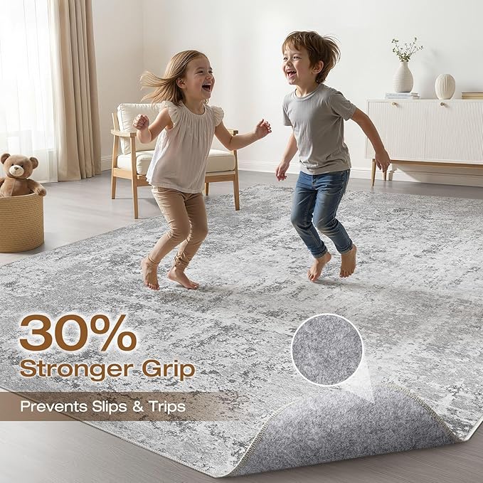 7x10 Area Rug Living Room: Washable Large Neutral Rug Abstract Soft Modern Stain Resistant Indoor Floor Non-Slip Carpet for Bedroom Nursery Kids Office Playroom Dining Room Under Table- Light Gray