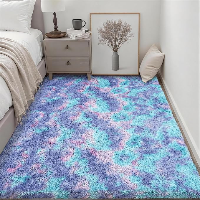 Fluffy 4x6 Area Rugs for Living Room Bedroom: Ultra Soft Shag Rug Non-Slip Non-Shedding Small Plush Bedside Rug Indoor Floor Carpets for Kids Room Playroom Entryway Nursery Dorms Home Rainbow Purple