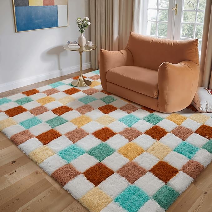 PureCozy Checkered Rug 5x7 for Living Room, Colorful Modern Shag Rug Super Soft Washable Indoor Fuzzy Carpet Non-Slip Fluffy Rugs for Bedroom Home Aesthetic Decor
