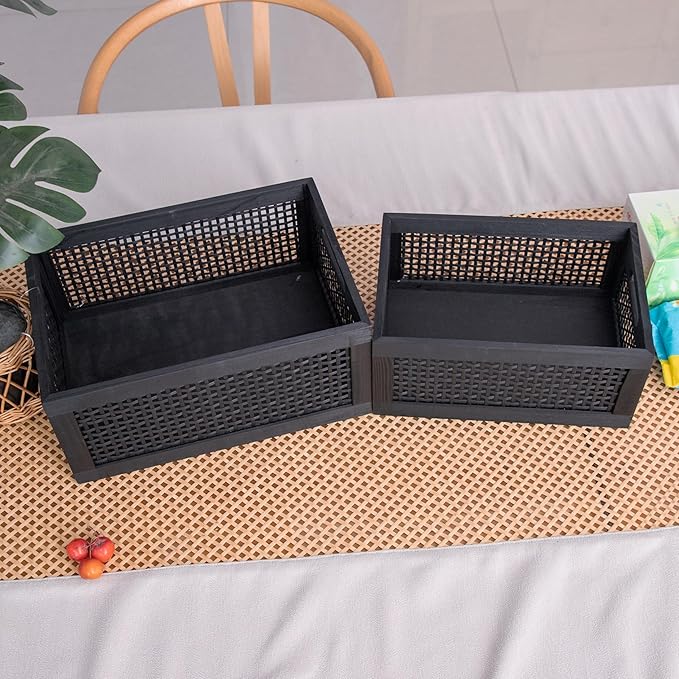 Wooden Storage Baskets,Black Woven Bamboo Basket Nesting Boxes with Built-in Handle for Pantry, Kitchen,Living Room,Shelves,Set of 2