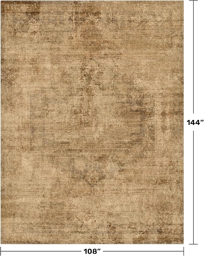 Hazo Haus Large Brown Golden Rug for Living Room - Rustic Farmhouse 9x12 Area Rug for Dining Room Table, Bedroom Under Bed, Non Slip with Rubber Backing & Stain Resistant